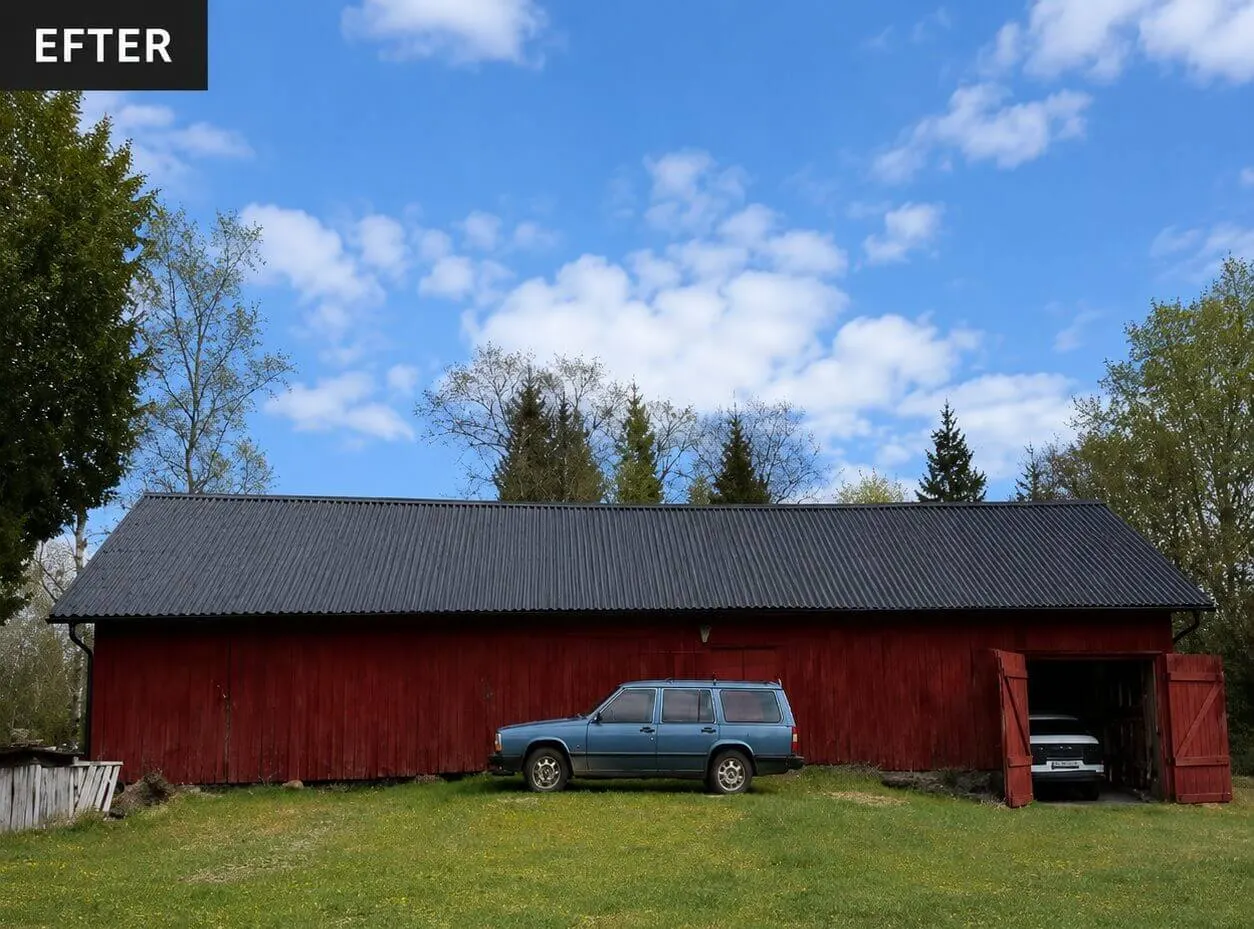 Samma röda uthus med nymålat, jämnt svart tak efter takmålning